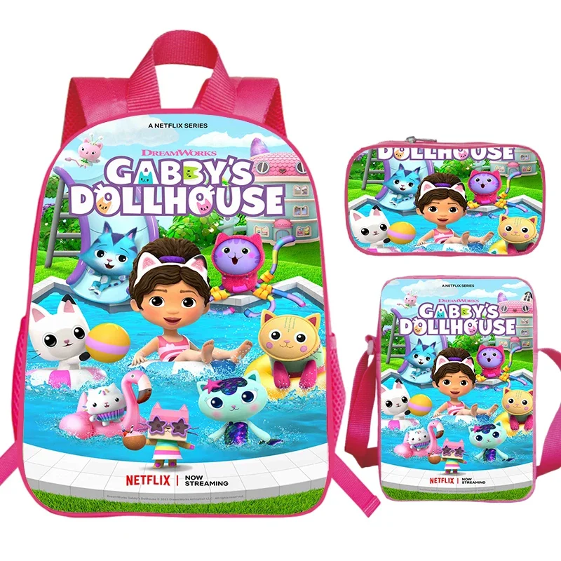 3Pcs Set Gabbys Dollhouse Backpacks Students Anime School Bag Boys Girls Book Bag kids Backpack Children Daily Daypack Mochila