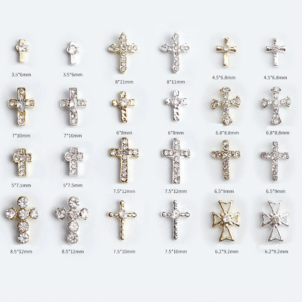 10Pcs Classic Cross Nail Art Charm 3D Alloy Punk Silver Glitter Rhinestones Cross Nail Art decor Luxury DIY Nail Accessories