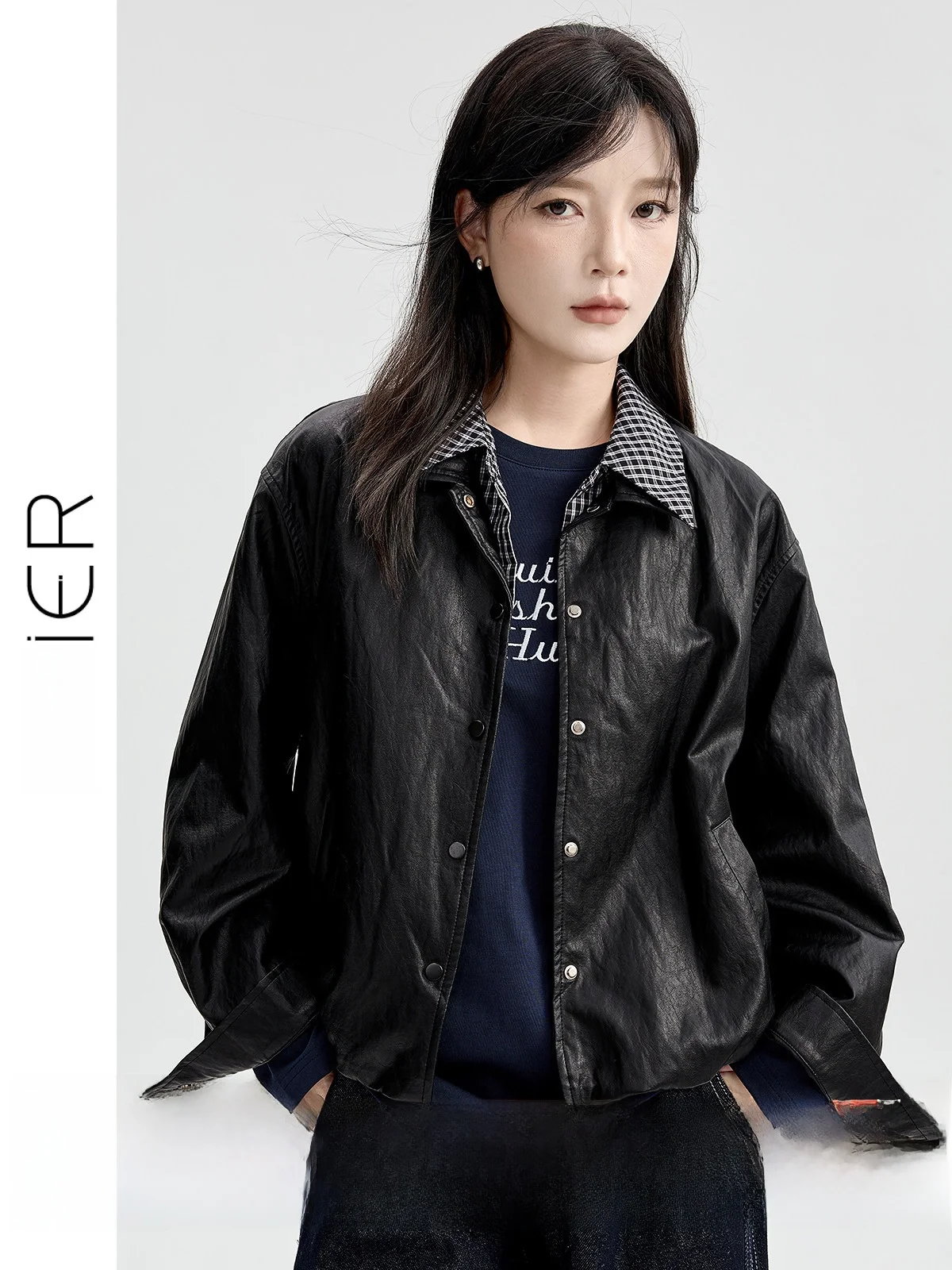 

Women's Loose Fit Plaid Patchwork Leather Jaet Outerwear Autumn Vintage Sle Slimming Top Single Button Closure Long Sve