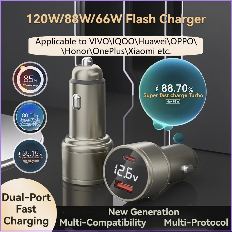 120w Car Charger with Display USB-C USB A Flash Charging Car Charger Suitable for Phones Laptops for VIVO IQOO Huawei iPhone