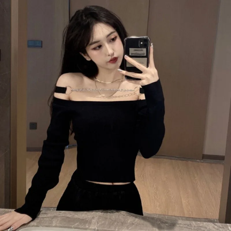 

Топ на одно плечо, женский весенне-осенний новый стиль, тонкий короткий трикотаж с цепочкой и высокой талией