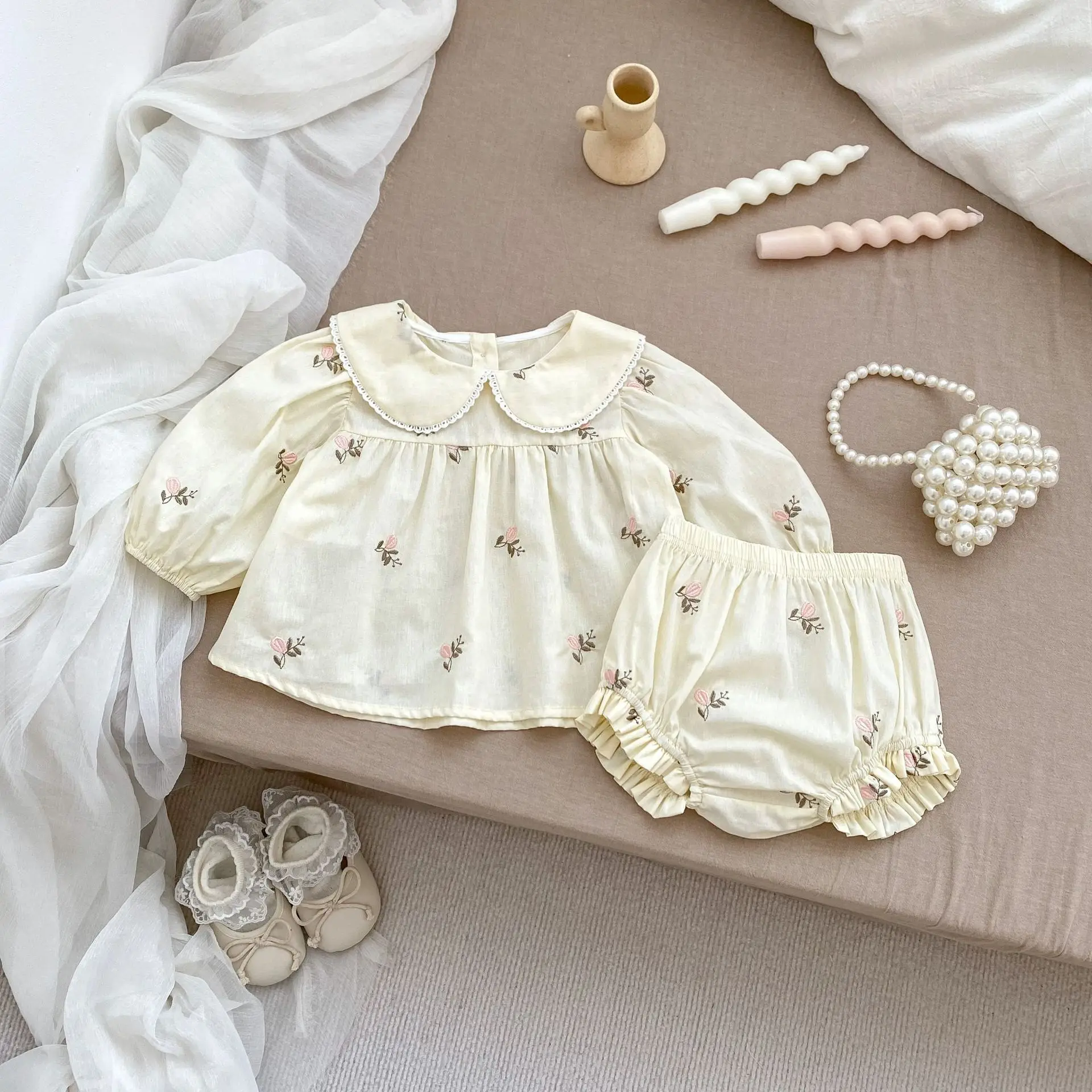 Baby Clothes Autumn New Sister Outfit Cute Flower Embroidery Newborn Infant Girl Romper Or Toddler Blouse Tops Shorts 2Pcs Sets