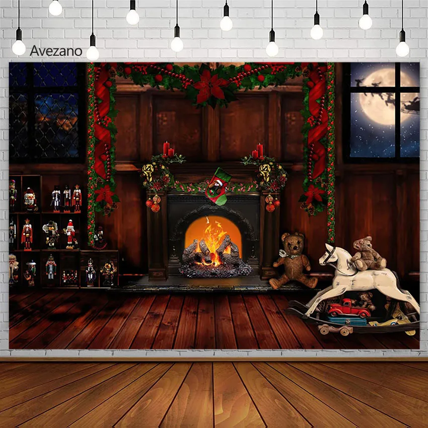 

Avezano Christmas Decor Backdrop Fireplace Bear Vintage Stocking Window Newborn Portrait Photography Background Photo Studio