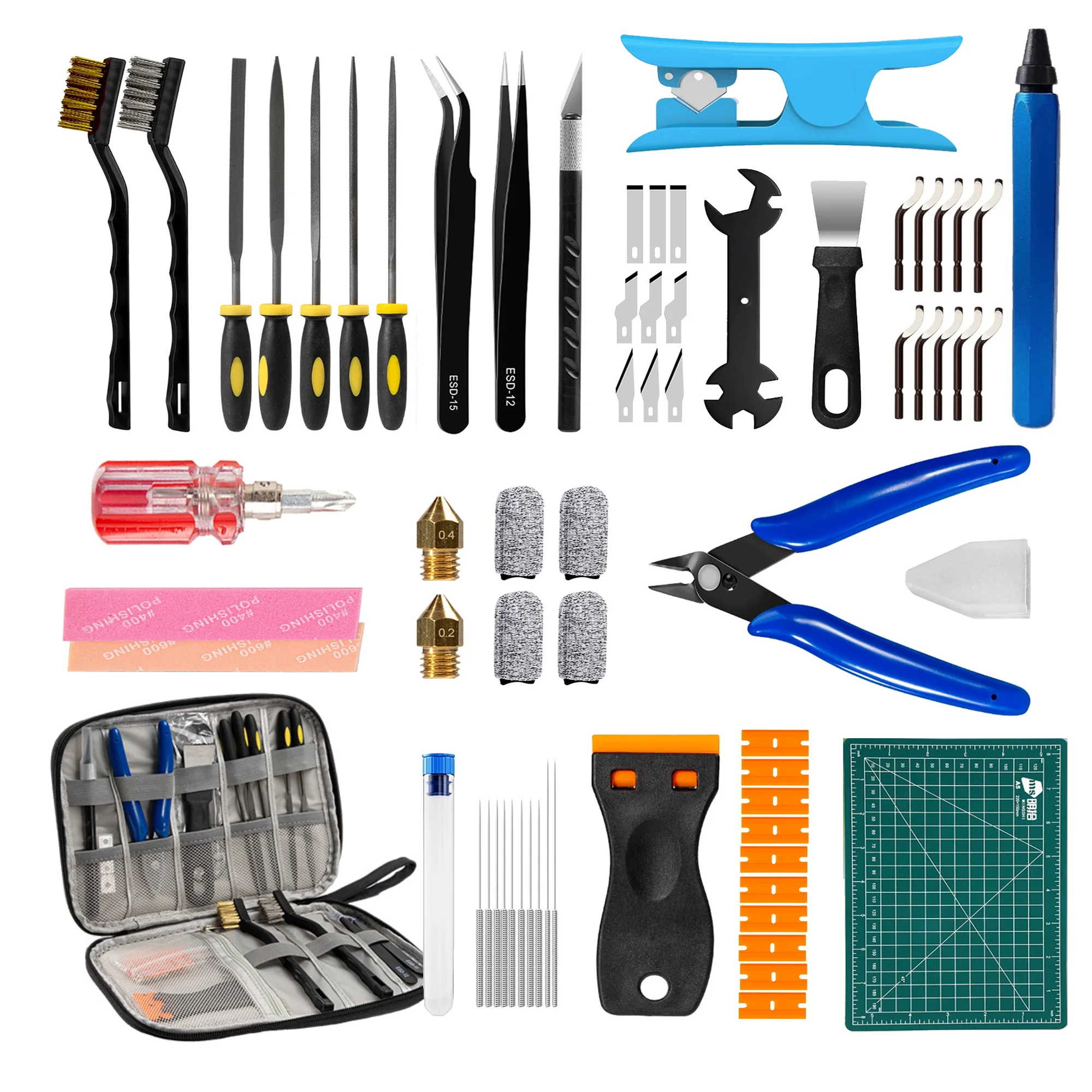 67Pcs 3D Printer Tools Kit 3D Printing Accessories for All FDM/SLA Printers Includes Deburring Tool, Nozzle Cleaning, Removal Scrapers, Finishing Tools, Metal Files, Wire Cutter, A5 Cutting Pad, etc