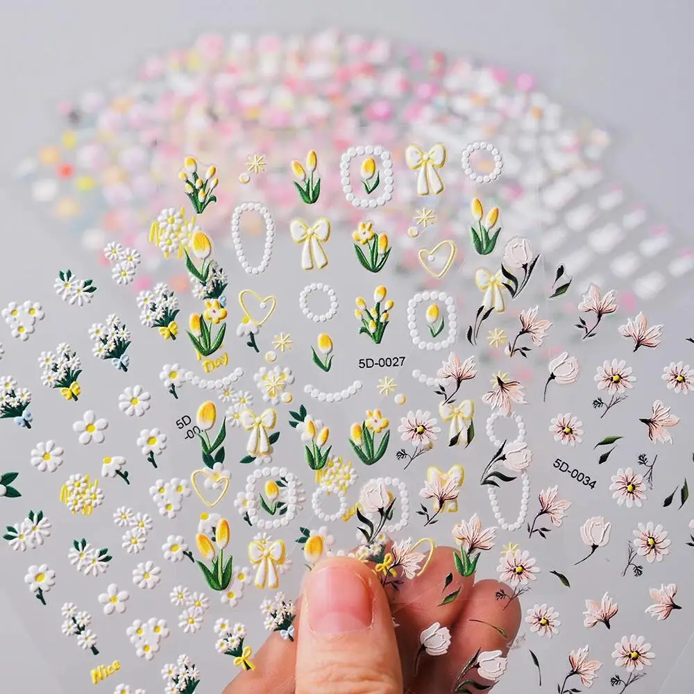 1pcs 5D Embossed Tulip Flowers Nail Art Decals Sweet Yellow/Pink/White Blossom Nail Stickers Spring Girls DIY Nail Decorations