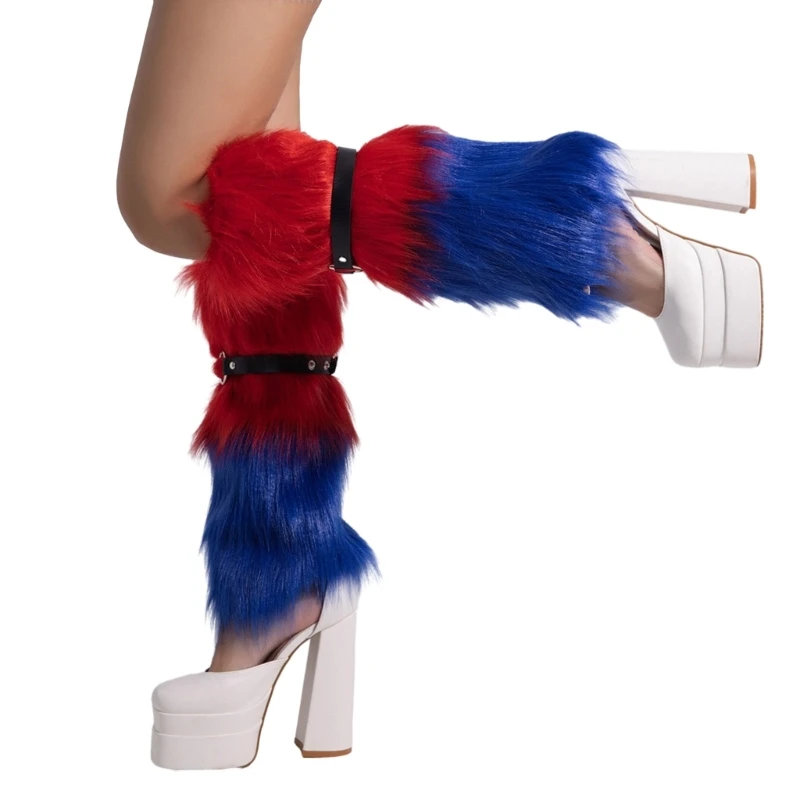 Women Punk Boot Cuffs Leg Warmers Winter Warm Y2K Christmas Colorblock Furry Boot Cover Calf Socks with Garter Belt