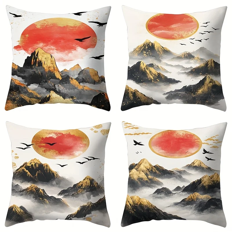4pcs Sunrise Mountain and Birds Single-sided printing Short plush Suitable living rooms bedrooms sofas (excluding pillow cores)