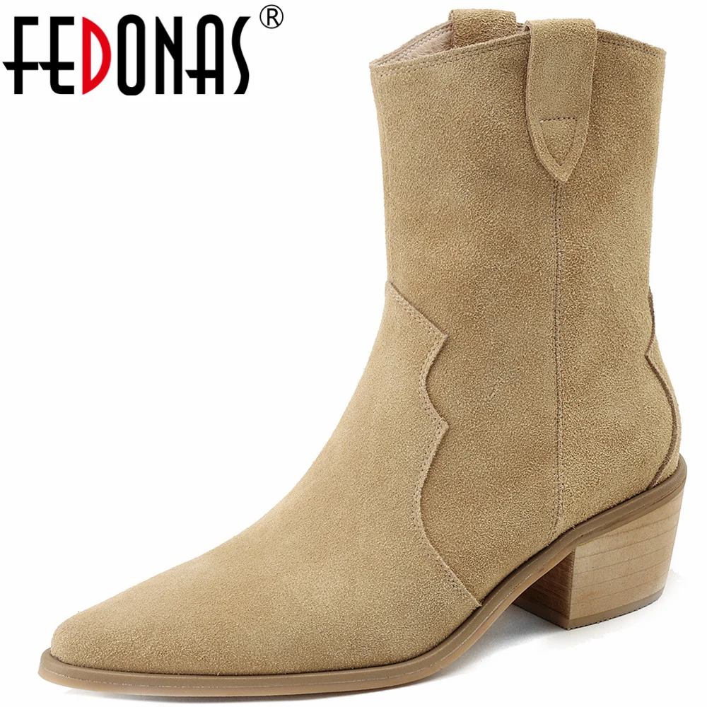 

FEDONAS Retro Western Women Short Boots Cow Suede Leather Pointed Toe Shoes Woman Office Lady Working Ankle Boots Autumn Winter