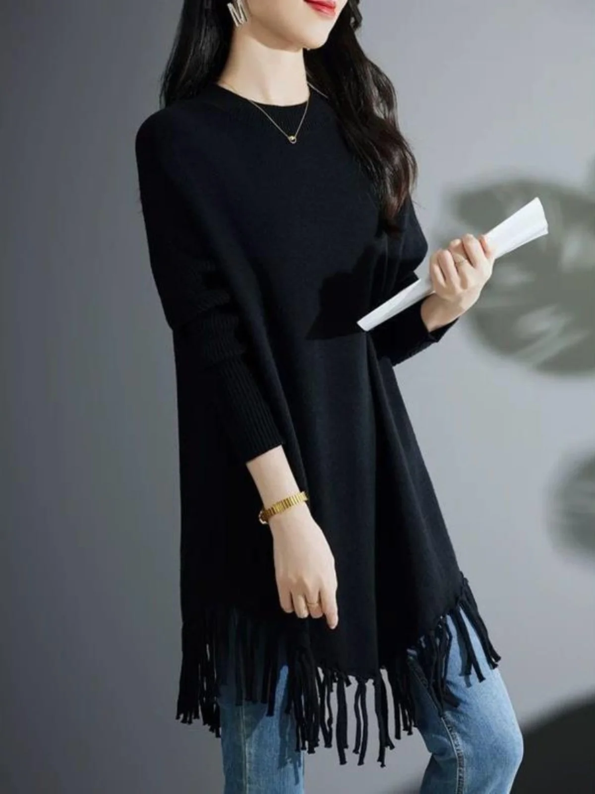 

Slimming Knitwear Tassel Hem plus Size Mid-Length Women's Style Vintage Loose Fit Long Sleeve round Neck Color