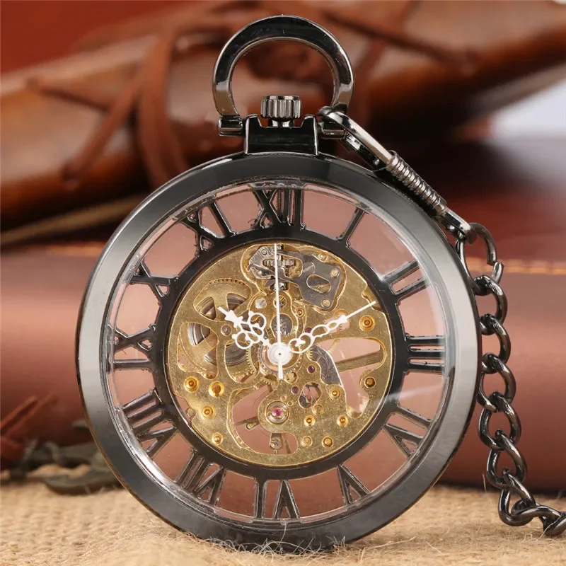 Luxo mão-vento mecânico números romanos steampunk relógio de bolso transparente rosto aberto corrente preta masculino feminino presente legal