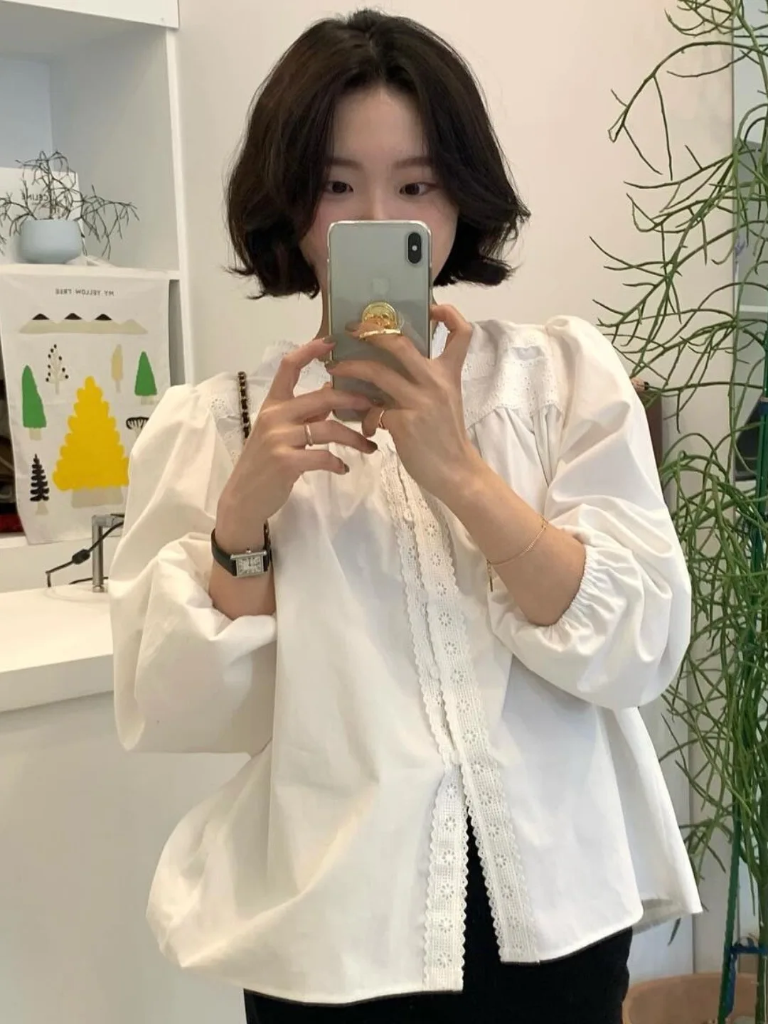 

Шикарный кружевной V-Ne свободного покроя Bubble Sve irt для женщин Ele, белый цвет, повседневная модная офисная одежда, весна-осень-зима