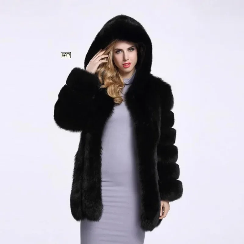 Winter Women Imitation Fox Fur Coat Hooded Splicing Hidden Button Design Artificial Fur Jacket Medium Long Styles Women Clothing