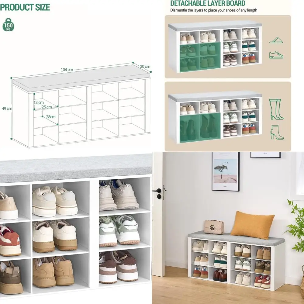 

Мягкая скамейка для обуви в прихожей с 12-мя ящиками для хранения, регулируемый органайзер для дома, белый SB19003GY