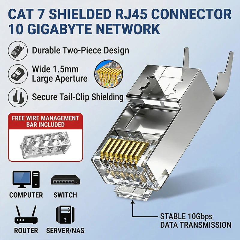 10Pcs Cat7 Shielded RJ45 Connector 10Gbps, Gold-Plated Pins, Metal Housing, 1.5mm Hole, 2-Piece Pass-Through, for Cat7 Cable