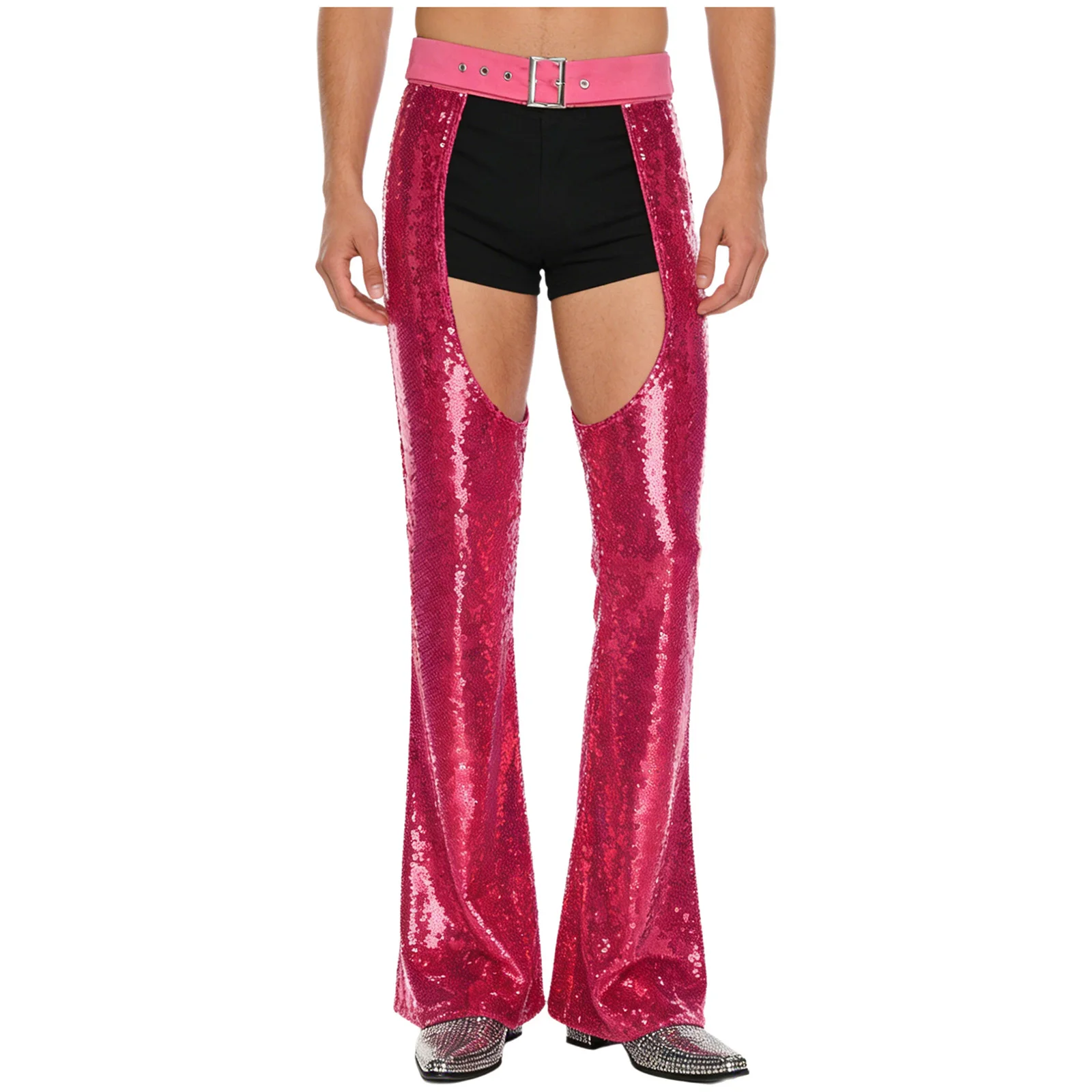 남성 카니발 에지 디스코 재즈 댄스 팬츠 허리 크로치 부분이 비어있는 풀라이닝 플레어 팬츠 카우보이 찹스 팬츠 테마 파티용