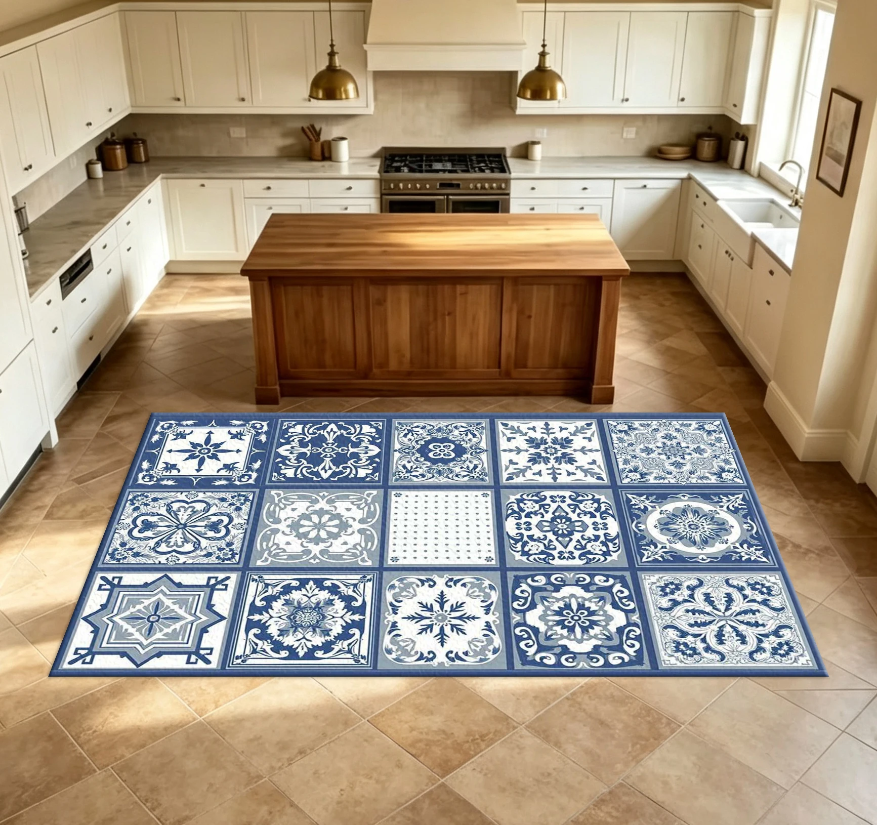 Blue and White Mediterranean Mosaic Tile Pattern Carpet Floor Interior Decoration Mat