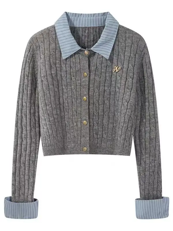 Gray Splice Knitted Sweater Women's Slim Fit Cardigan Short Style Autumn Winter Twist Yarn Knitwear Casual Commute Style