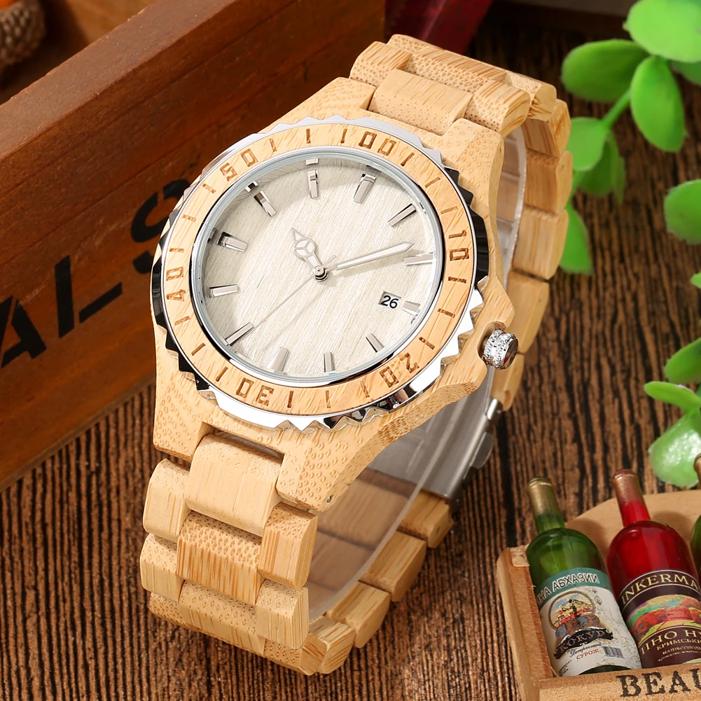 Calendar Auto-date Dial Men's Quartz Wristwatches Full Bamboo/Maple Red Wood Bracelet Timepiece Natural Stylish Male Watches