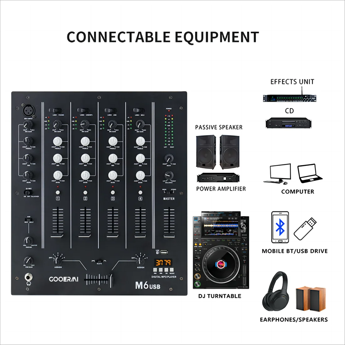 M4 USB المهنية 4-قناة DJ خلاط مع USB SD LCD 3 قناة Dj خلاط تحكم الصوت الرقمي خلط وحدة التحكم