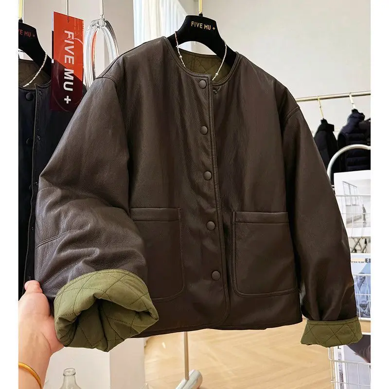 

Осень/зима новая женская кожаная куртка с круглым вырезом свободная хлопковая куртка из искусственной кожи