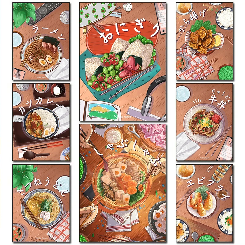 Póster de dibujos animados de Sushi Tonkotsu Ramen, comida tradicional japonesa, lienzo impreso, pintura, imagen artística de pared, decoración del hogar para sala de estar