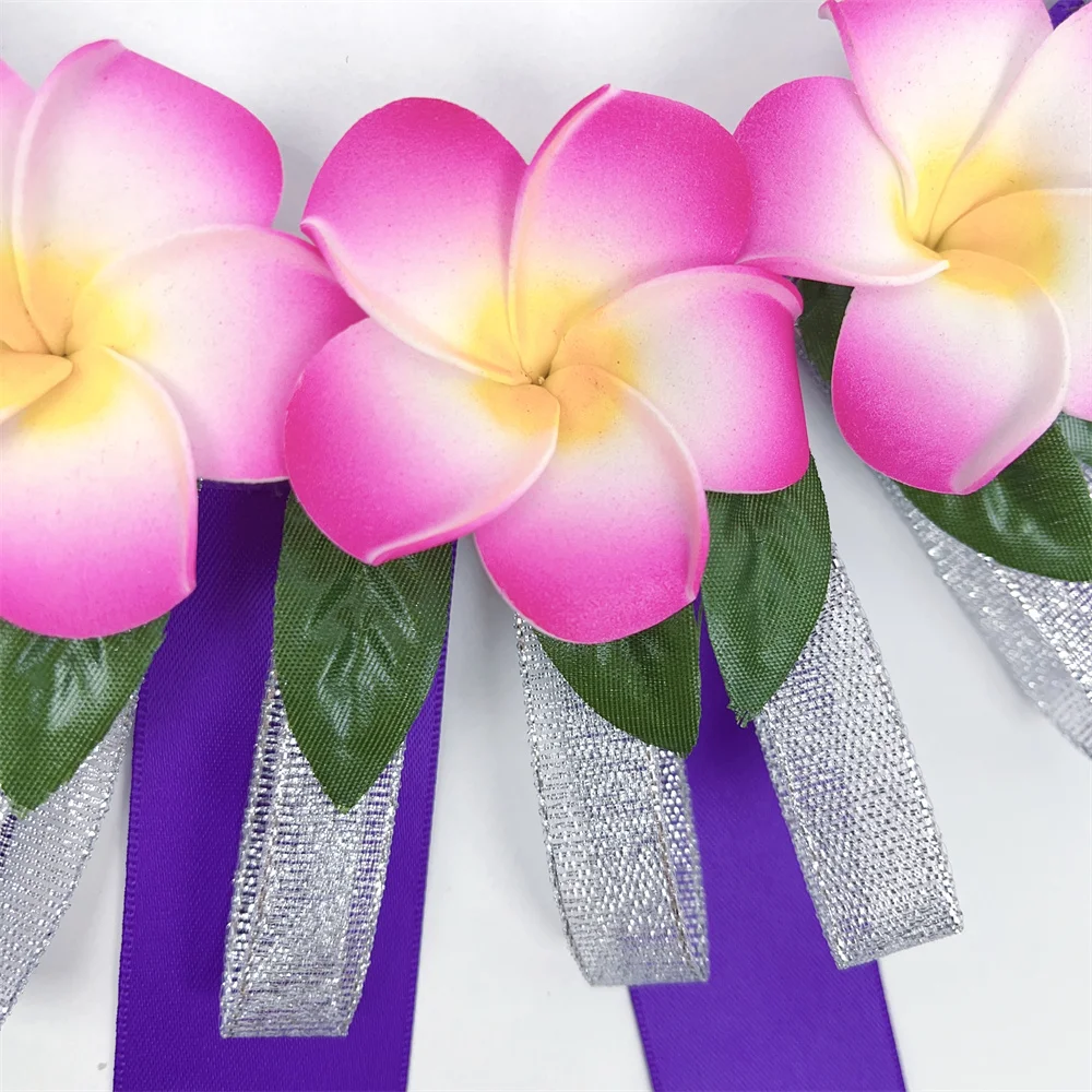 New Arrival Ribbon Short Lei With 7 Plumeria Flowers for Kids 32cm Pacific Island Festival Necklace Celebrations and Decorations