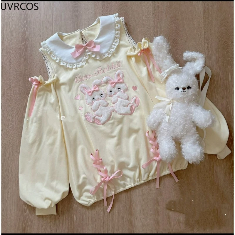 اليابانية الحلو لوليتا 2 قطعة مجموعات النساء لطيف القوس الكرتون الأرنب قبالة الكتف تي شيرت الوردي كعكة التنانير الصغيرة Kawaii Y2k وتتسابق #3