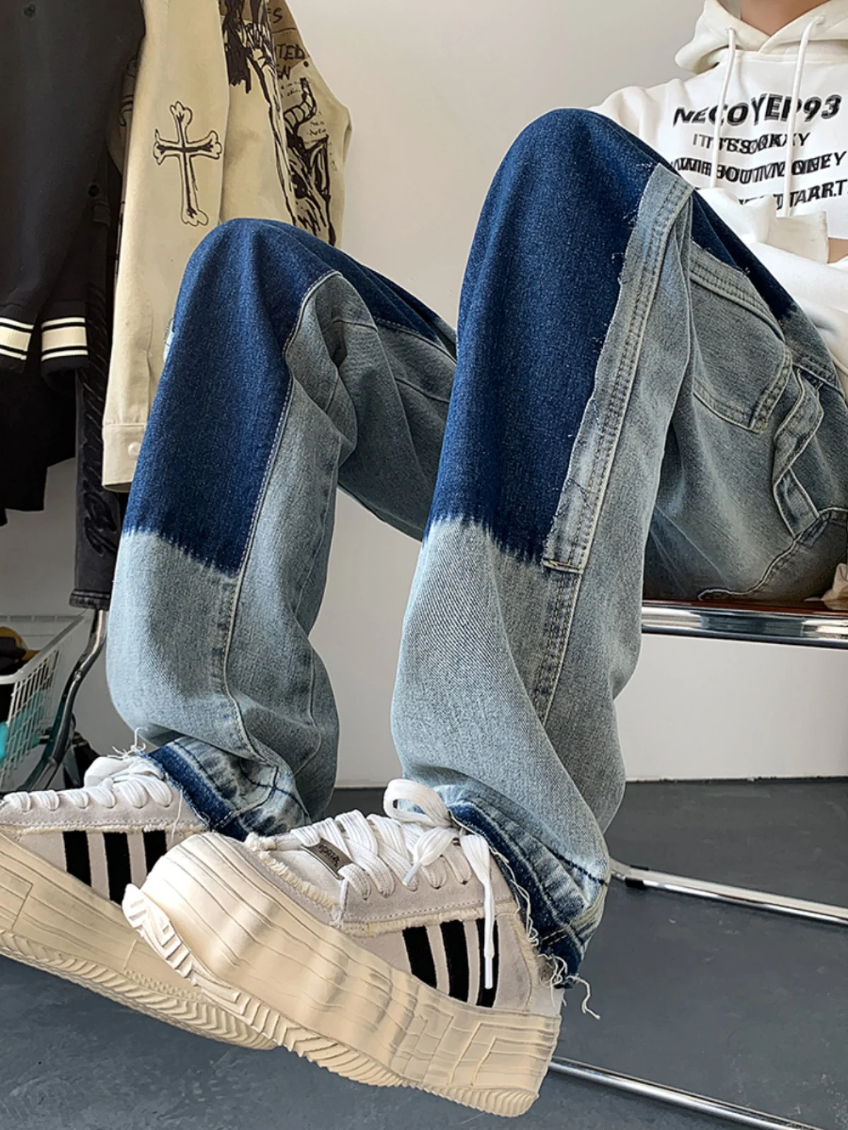 

High Street Color Block Straight Leg Casual Jeans Men's Hip Hop American Retro Long Pants Trendy Loose Fit Autumn Leisure