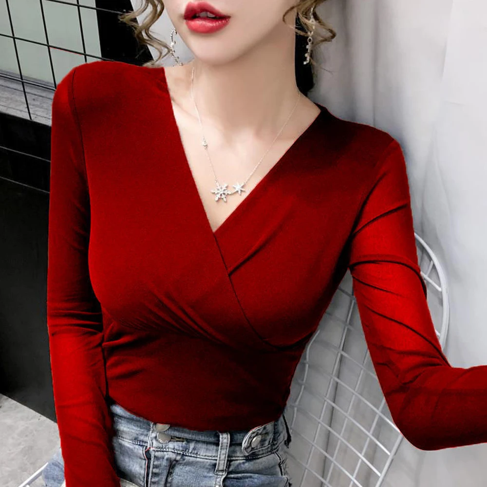 New Fashion Slim Stretch V Neck Tops Women Sexy Elastic Tees S-4XL Basic Long Sleeve T-shirt Ladies Red Purple Black White Shirt