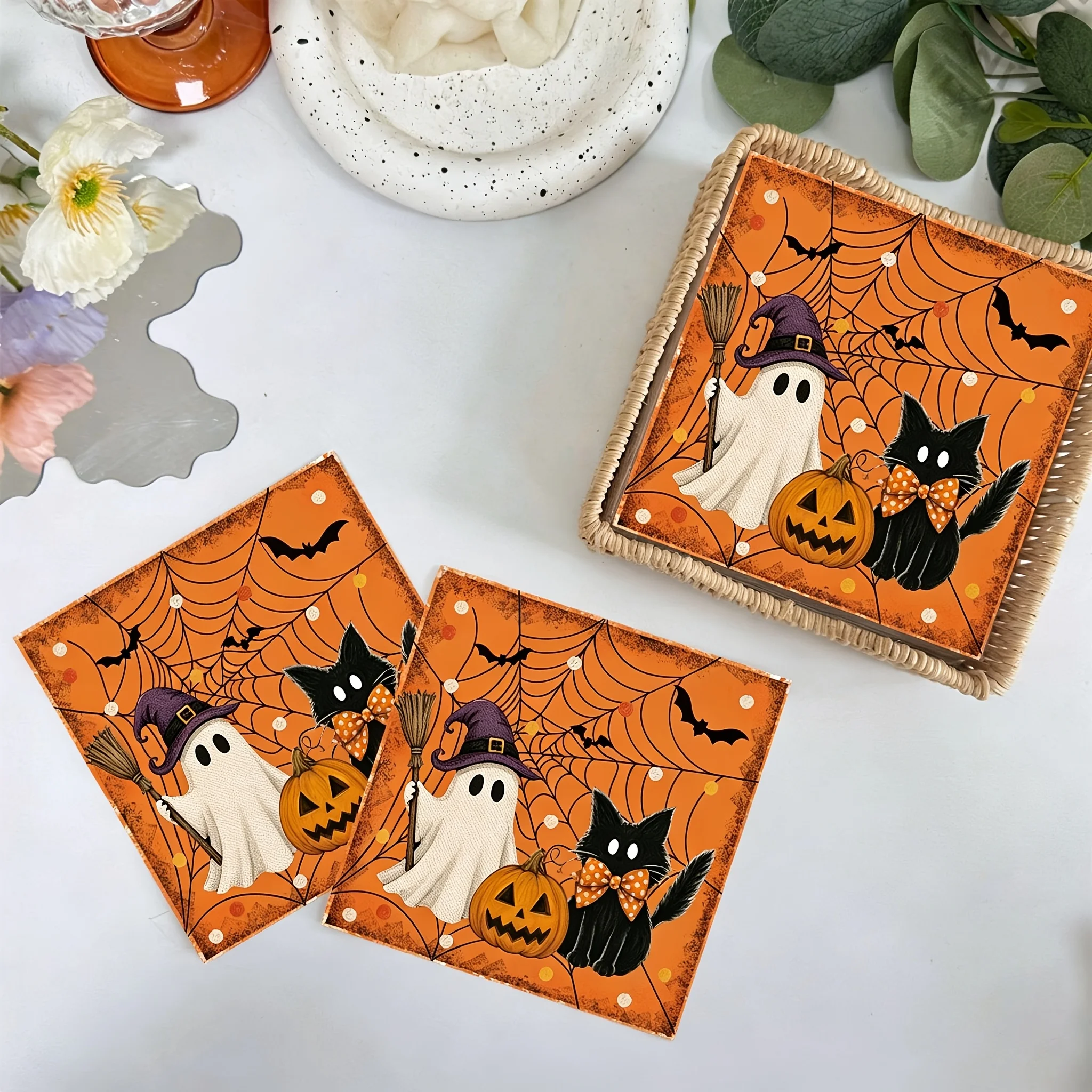 40/60sheets for halloween Vintage Napkins - Disposable Double-Layer Napkins - Witch-Themed Ghostly Pumpkin Table Decoration