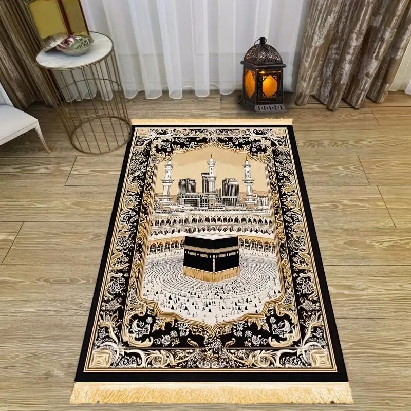 VIKAMA Black Gold Mecca Sky House Worship Blanket Wear resistant Easy to Worship Kneeling Worship Mosque Pilgrimage Prayer Mat