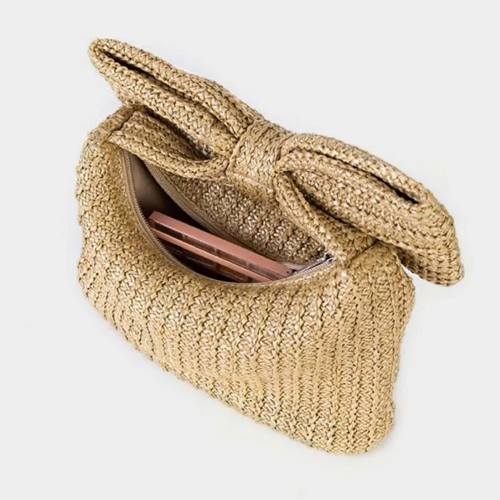 

Beach Bow Bag Bohemian Style Women's Crescent Shape Clutch Bag with Foldable Bow Handle Zipper Closure Straw Braided for Summer