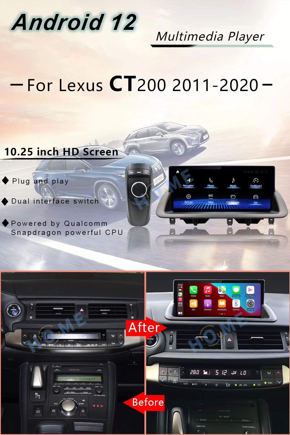 Qualcomm Android 12 Car Multimedia For Lexus CT CT200 CT200h 2011 - 2020 Player CarPlay Auto radio Stereo Radio GPS Navigation