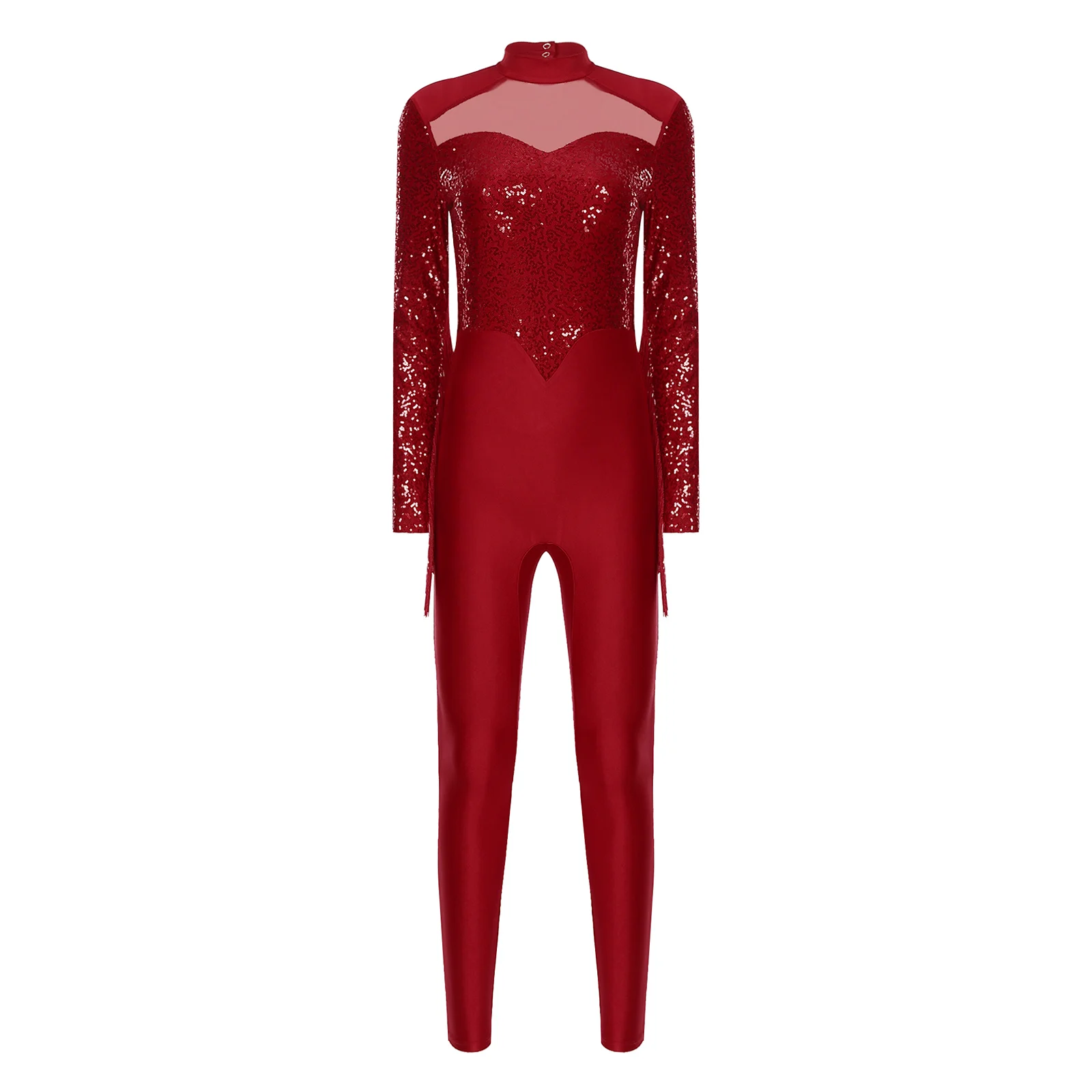 

Womens Sparkly Sequins Full Jumpsuit Gymnastic Long Sleeve Tassels Leotard Rompers Dancewear for Stage Performance Competition