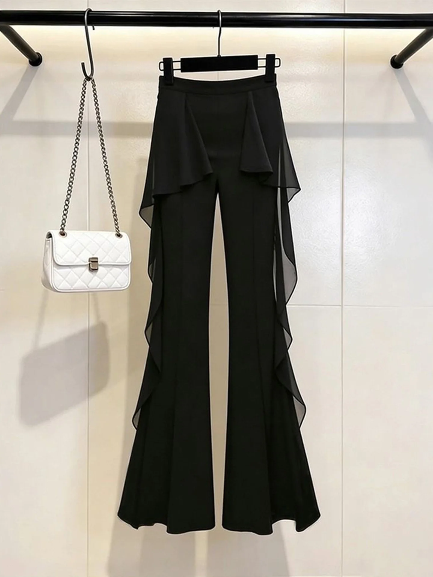 Unique Casual Bell Bottom Pants Women's High Waist Polyester Fiber Splicing Design Korean Style Slimming Long Trousers