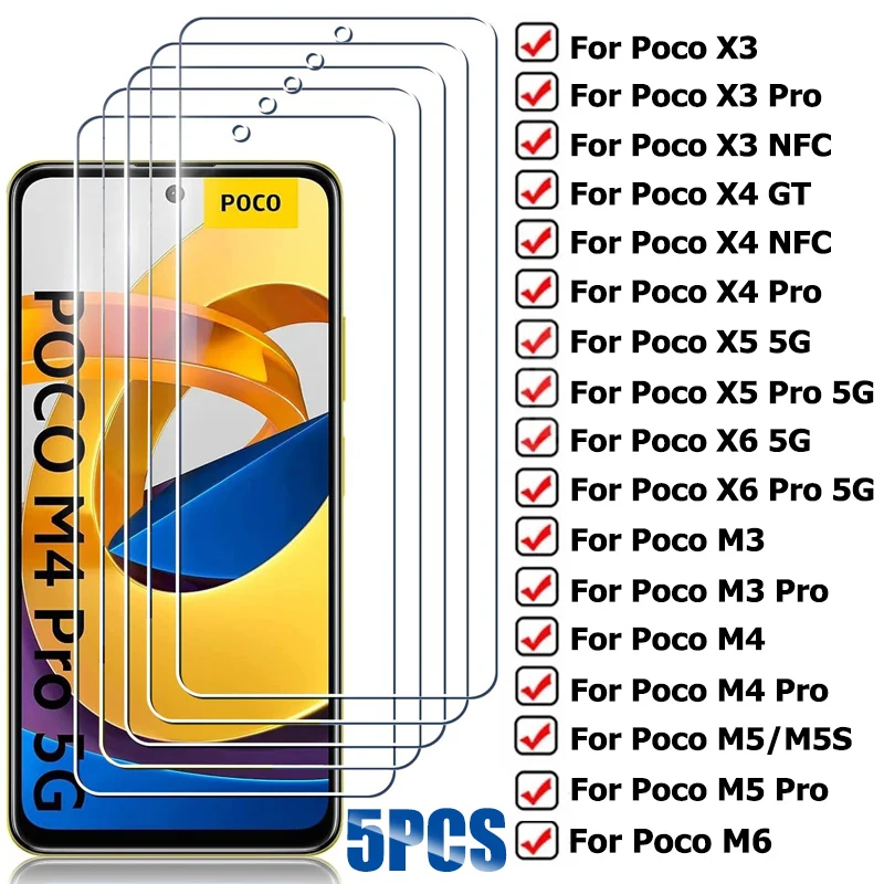 5PCS Protective Glass For POCO X3 X4 X5 X6 Pro M5 M5S M4 M3 M6 Pro 5G Screen Protector for Xiaomi Poco X6 Pro X4 GT X3 NFC glass