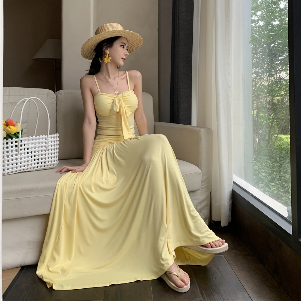 

Женский комплект для пляжа: желтый топ-бюстье с бантом и юбка А-силуэта с высокой талией, двухсекционный костюм Ciwalk