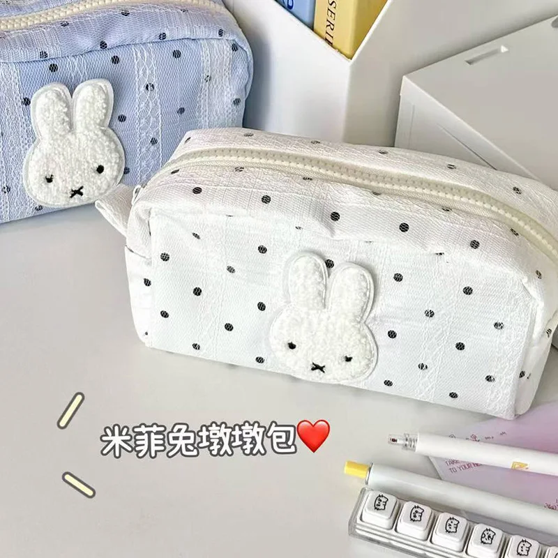 New Polka Dot Miffy Pencil Case Cartoon Rabbit Zipper Stationery Pouch Portable Large Capacity Storage Bag Student Birthday Gift