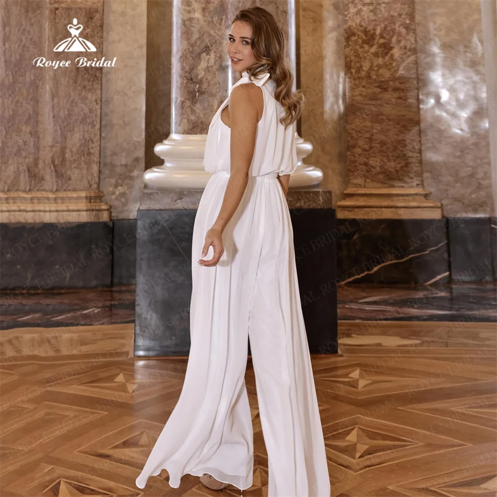 Roycebridal-uma linha calças vestido para casamento, chiffon, gola alta, sem mangas, camadas plissado, vestido de noiva personalizado