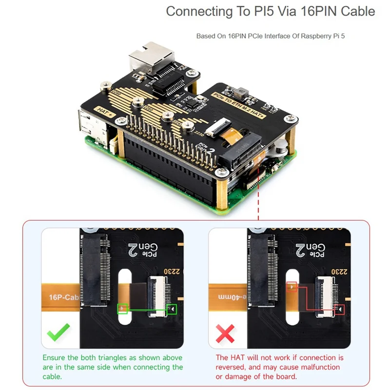 AA84 Micro-Snow Berry Pi 5 PCLE To Gigabit Ethernet /M.2 Transfer Board HAT+Standard Antioxidant Sinking Gold