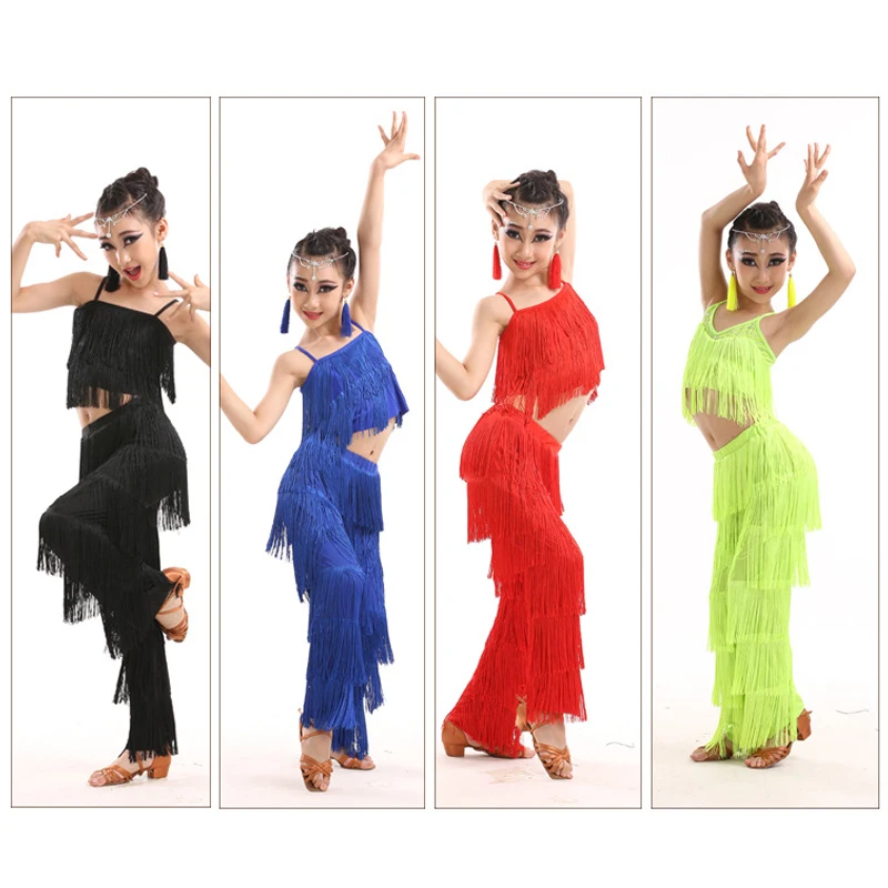 Kids Latin Dance Clothes Ballroom Fringe Tassel Dance Tops Pants Set Girls Samba Tango Dance Practice Stage Performance Costume