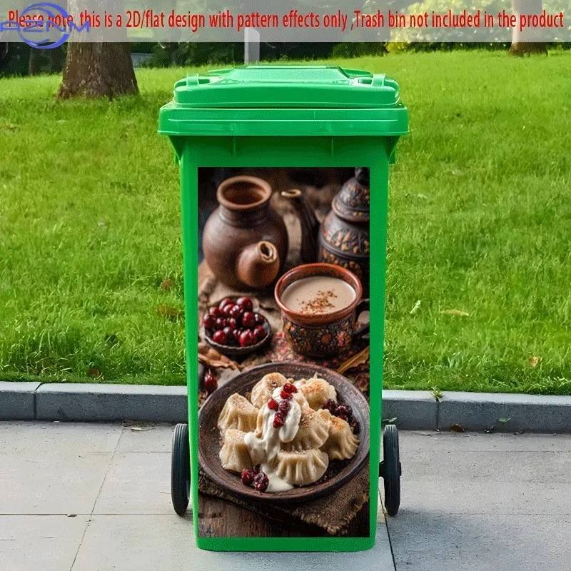 PC 2D Flat Self-Adhesive Trash Can Sticker, Chinese Dim Sum with Tea Drink Decorative Decal, Creative Trash Can Decoration, Su