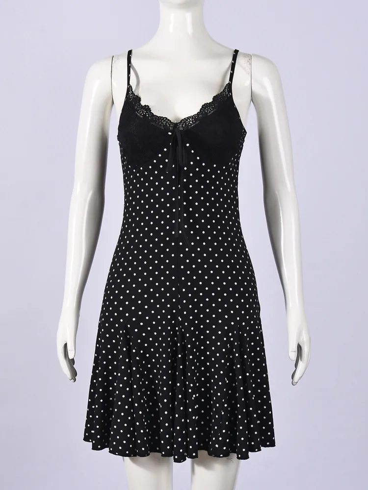 Blifanbo Polka Dot Print Sexy Minikleid für Damen, Spaghettiträger, rückenfrei, ärmellos, modisch, schmal, A-Linie, Frühling und Sommer, neu