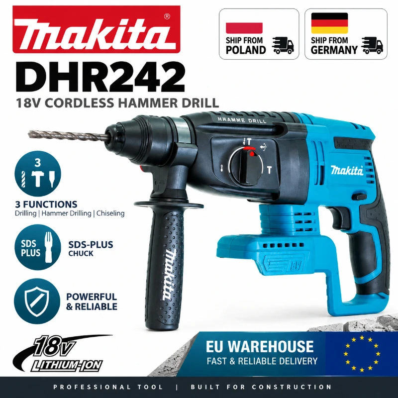 Makita DHR242 18V Bürstenloser Akku-Bohrhammer 24mm Betonbohrer, 4700 IPM 2,0J SDS Plus 3 Modi, Hochleistungs-Professionelles Werkzeug für BL1860B BL1850B BL1815, EU-Lager Schnelle Lieferung