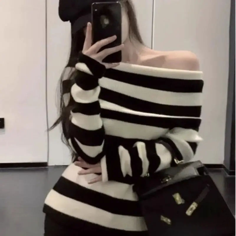 Prinzessin Eine Schulter Gestreiften Pullover Mädchen Mode Sexy Lange Ärmeln Gestrickte Krawatte Hemd Frühling Herbst Kleidung mädchen geschenk