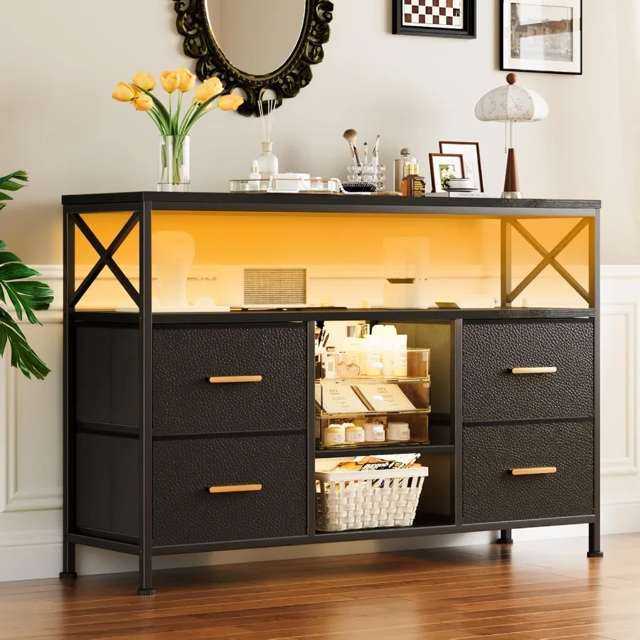 

Черная промышленная подставка для телевизора со светодиодной подсветкой и розетками, 4 ящиками из полиуретановой ткани и съемной полкой для телевизора 5 дюймов для гостиной