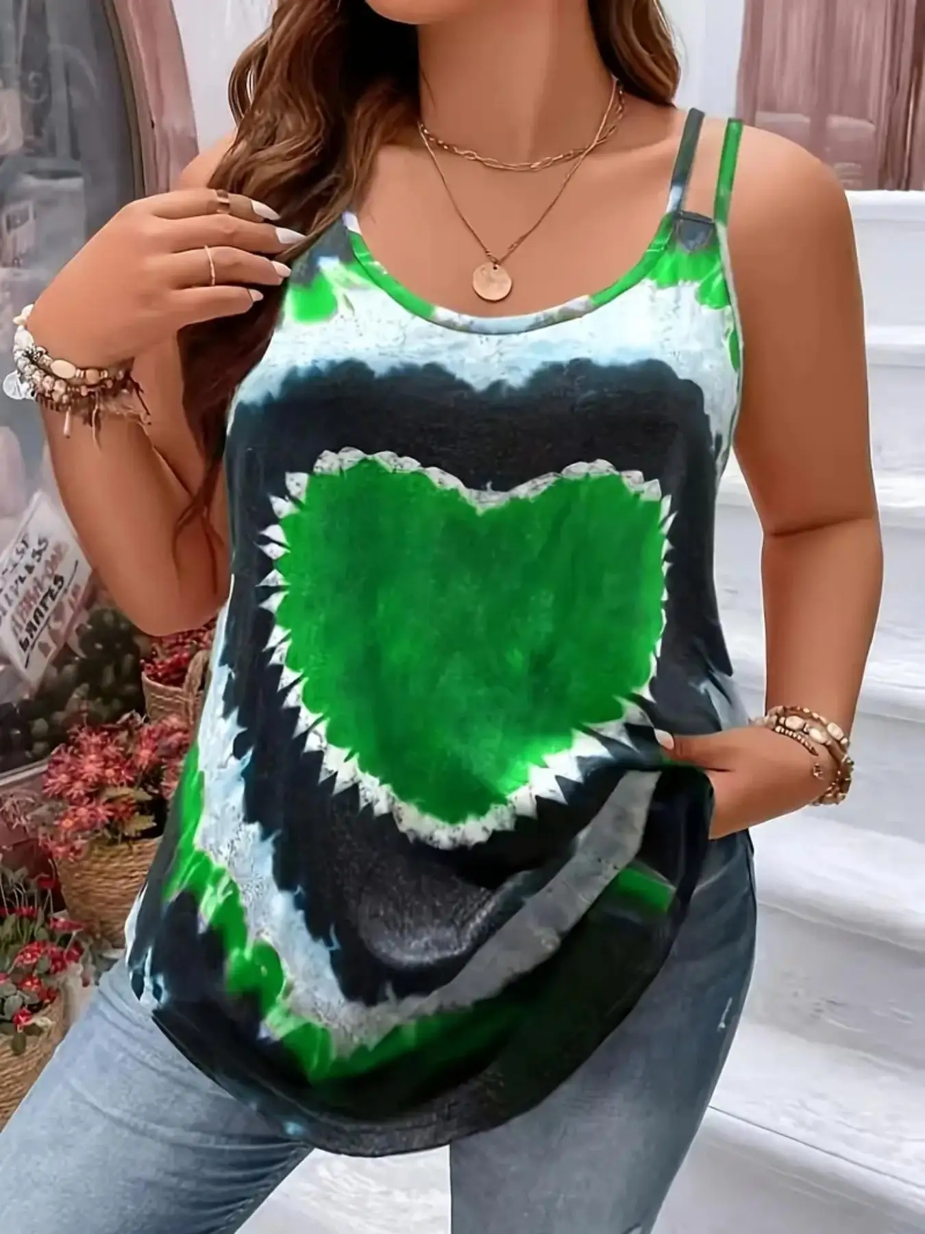 Euro-American Style 2026 New Plus Size Solid Color Round Neck Top Women's Heart Print Camisole Tank Top image 4