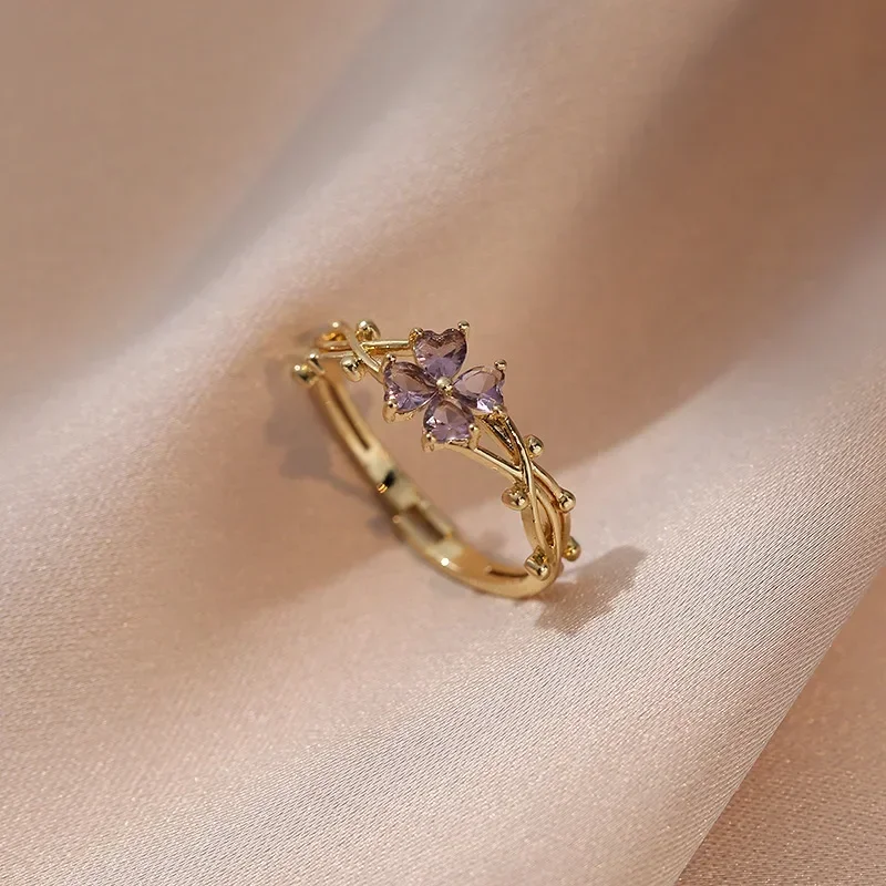 Luxury Purple Four Leaf Crystal Flower Adjustable Rings for Women Exquisite Gold Color Stainless Steel Finger Jewelry Colorfast