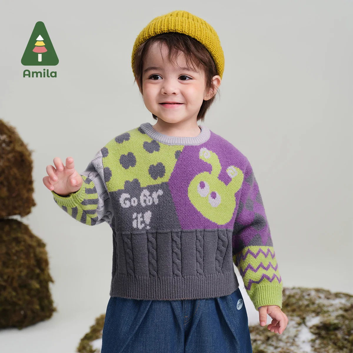 Amila Baby Sweater 2024 Winter New High-Quality Boys Contrasting Color Cartoon Skin-Friendly Warm Casual Children's Pullover