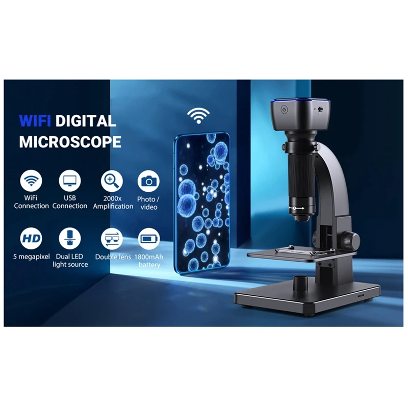 2000X Biological Digital Microscope Wifi USB Microscope With Digital & Microbial Lens With 11 Adjustable LED
